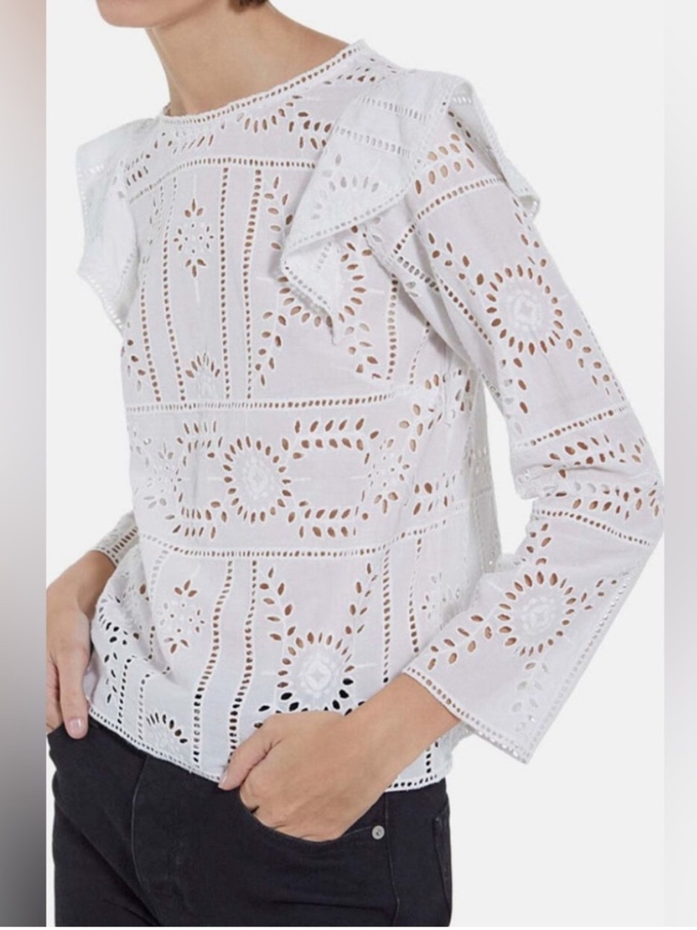The Kooples White Eyelet Flower Embroidered Blouse